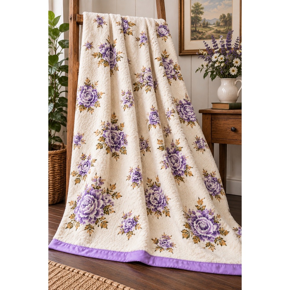 Vintage 1970s Tex-Made Purple Rose Floral Blanket Canada Full Double 90x74